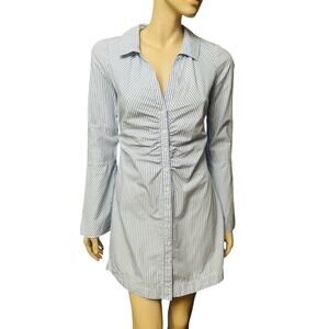 Free People Liv Blue/White Striped Ruched Bell Sleeve Shirt Dress XS 100% Cotton